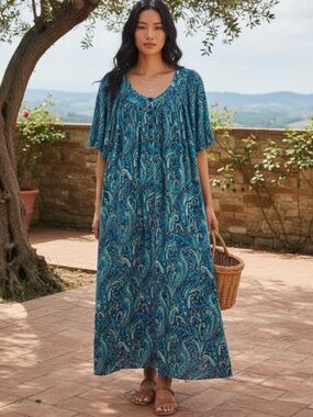 Go Softly Patio Midi Maxi House Dress Sz Medium Blue Teal Paisley Mumu Boho